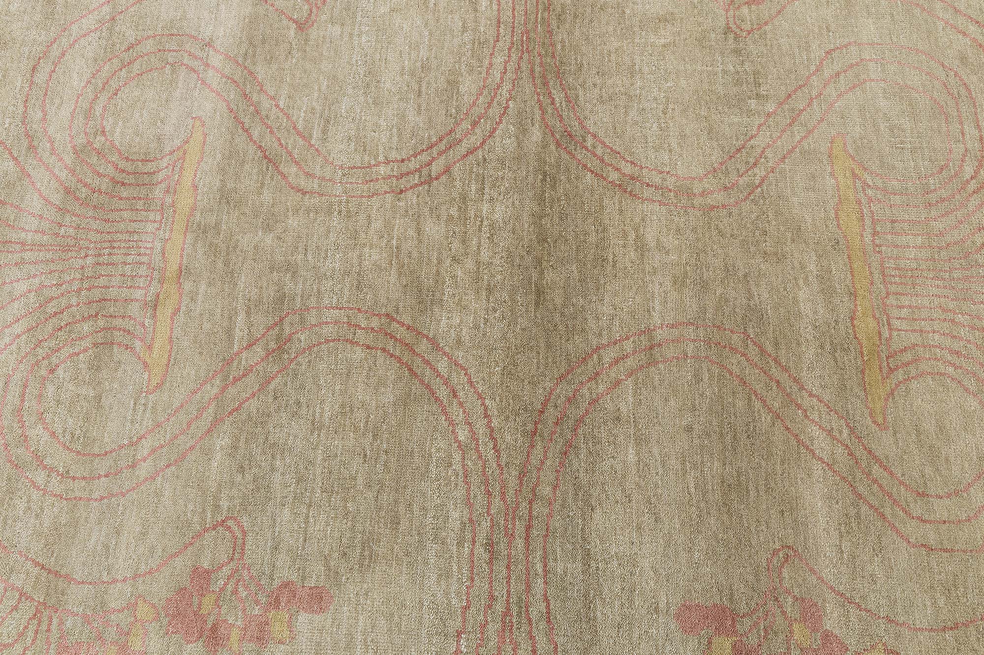Modern Art Nouveau Floral And Geometric Cream Beige Handmade Wool Rug “Naissance” N13048 Modern Art Nouveau Floral And Geometric Cream Beige Handmade Wool Rug “Naissance” N13048