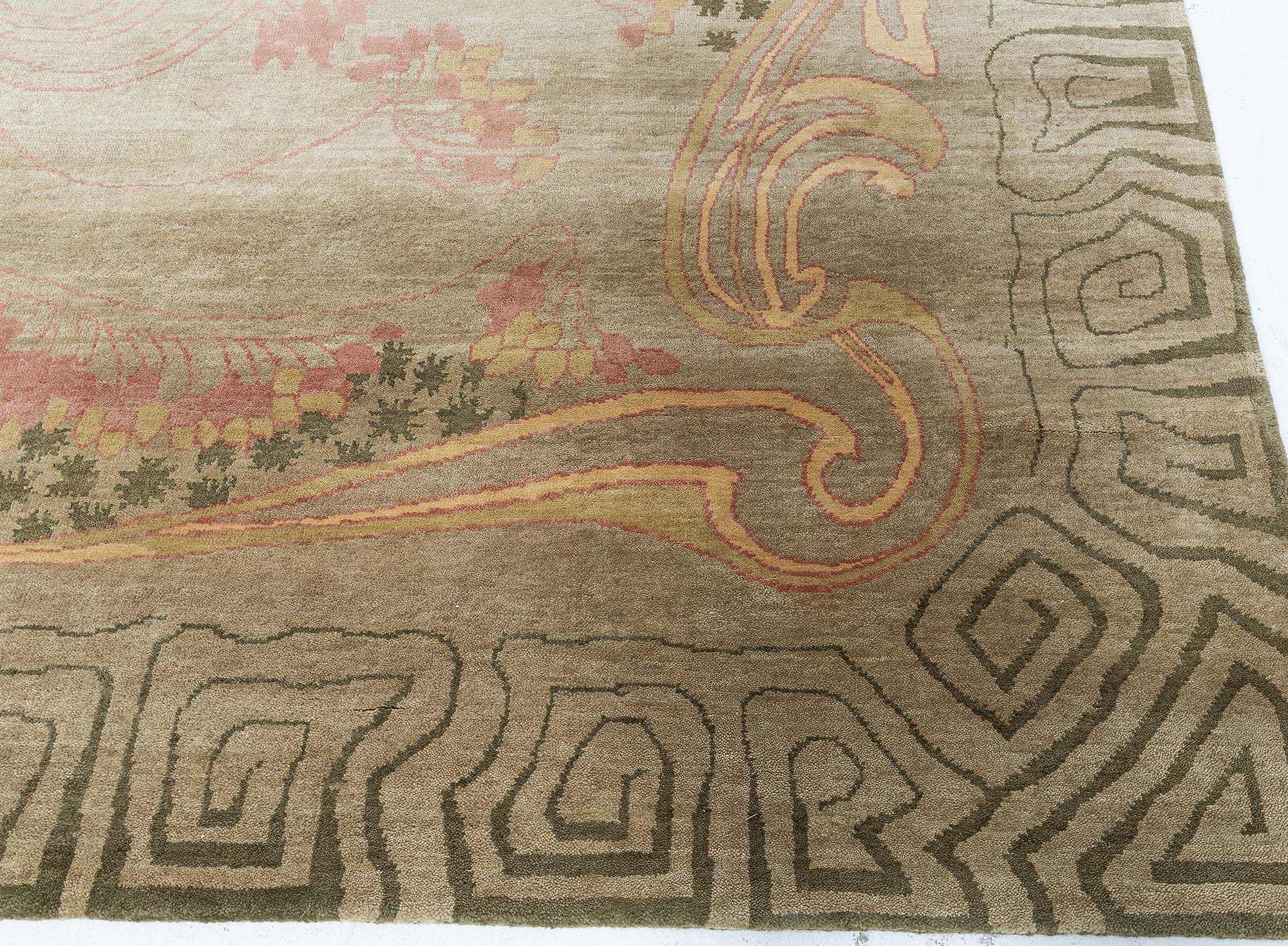 Modern Art Nouveau Floral And Geometric Cream Beige Handmade Wool Rug “Naissance” N13048 Modern Art Nouveau Floral And Geometric Cream Beige Handmade Wool Rug “Naissance” N13048