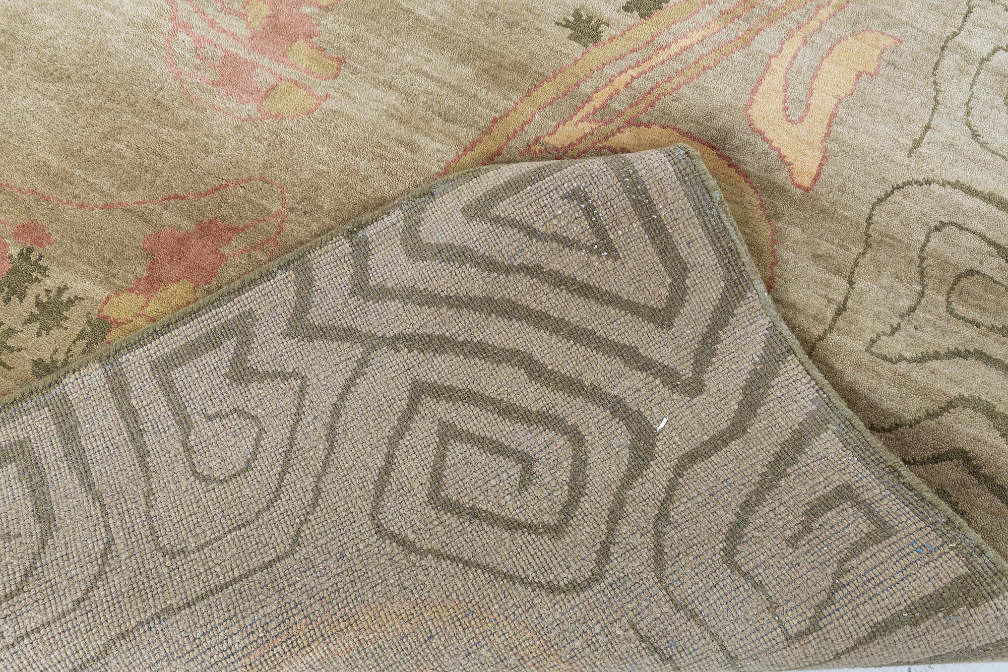 Modern Art Nouveau Floral And Geometric Cream Beige Handmade Wool Rug “Naissance” N13048 Modern Art Nouveau Floral And Geometric Cream Beige Handmade Wool Rug “Naissance” N13048
