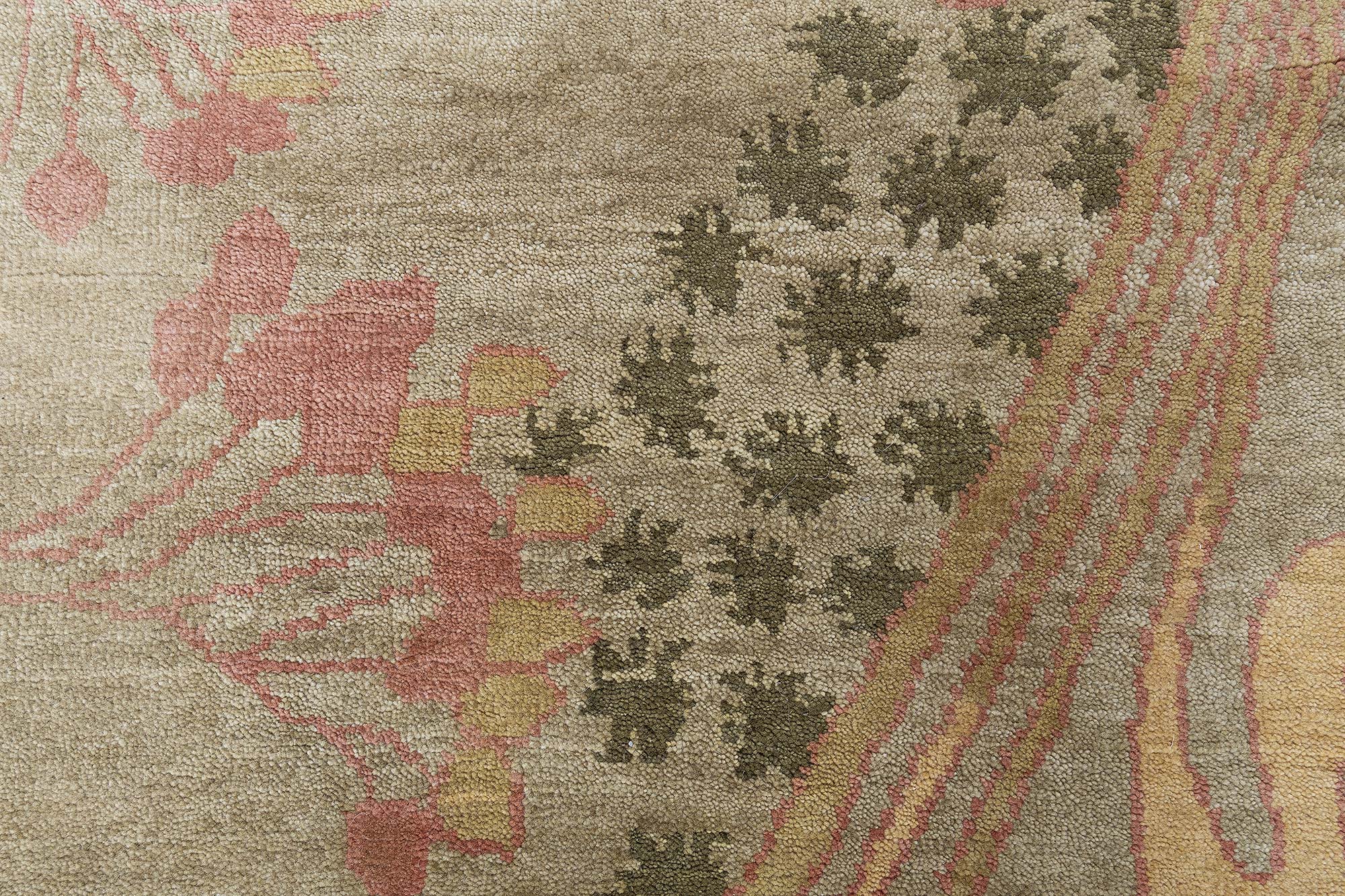Modern Art Nouveau Floral And Geometric Cream Beige Handmade Wool Rug “Naissance” N13048 Modern Art Nouveau Floral And Geometric Cream Beige Handmade Wool Rug “Naissance” N13048