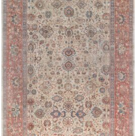 Oversized Antique Sultanabad Allover Floral Cream Beige Hand-Knotted Wool Rug – Circa 1900 (Size Adjusted) BB9183