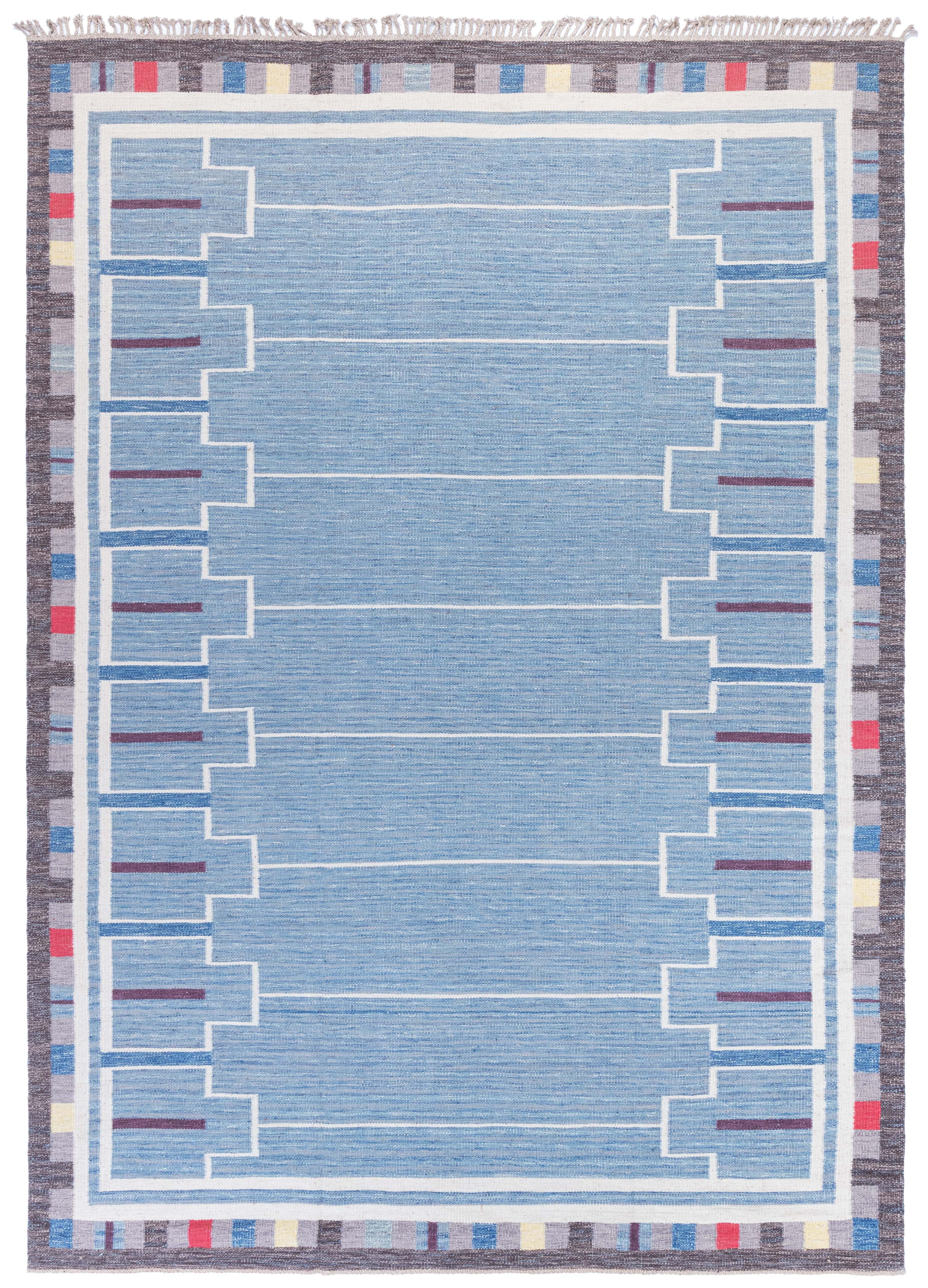 Modern Swedish Blue Flat-Weave Wool Rug with Stepped Geometric Borders