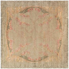 Modern Art Nouveau Floral And Geometric Cream Beige Handmade Wool Rug “Naissance” N13048