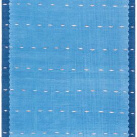 Indian Dhurrie Vintage Geometric Light Blue With Navy Blue Flatweave Cotton Rug BB9163