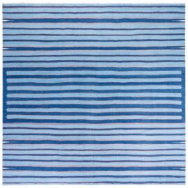 Indian Dhurrie Mid-Century Light Blue With Navy Blue Flatweave Cotton Rug BB9129