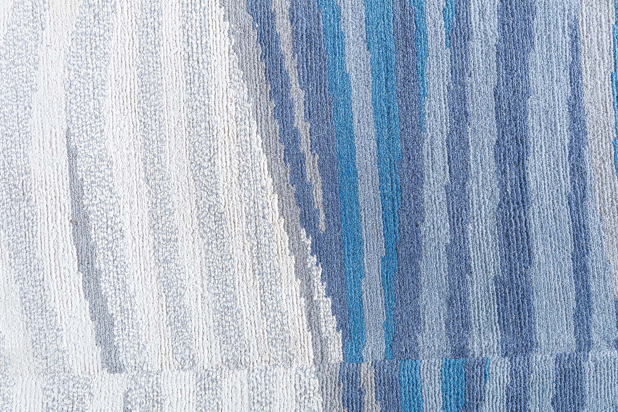 Modern Striped Light Blue Hand-Knotted Wool Runner “Kymata” (Size adjusted) N13067 Modern Striped Light Blue Hand-Knotted Wool Runner “Kymata” (Size adjusted) N13067