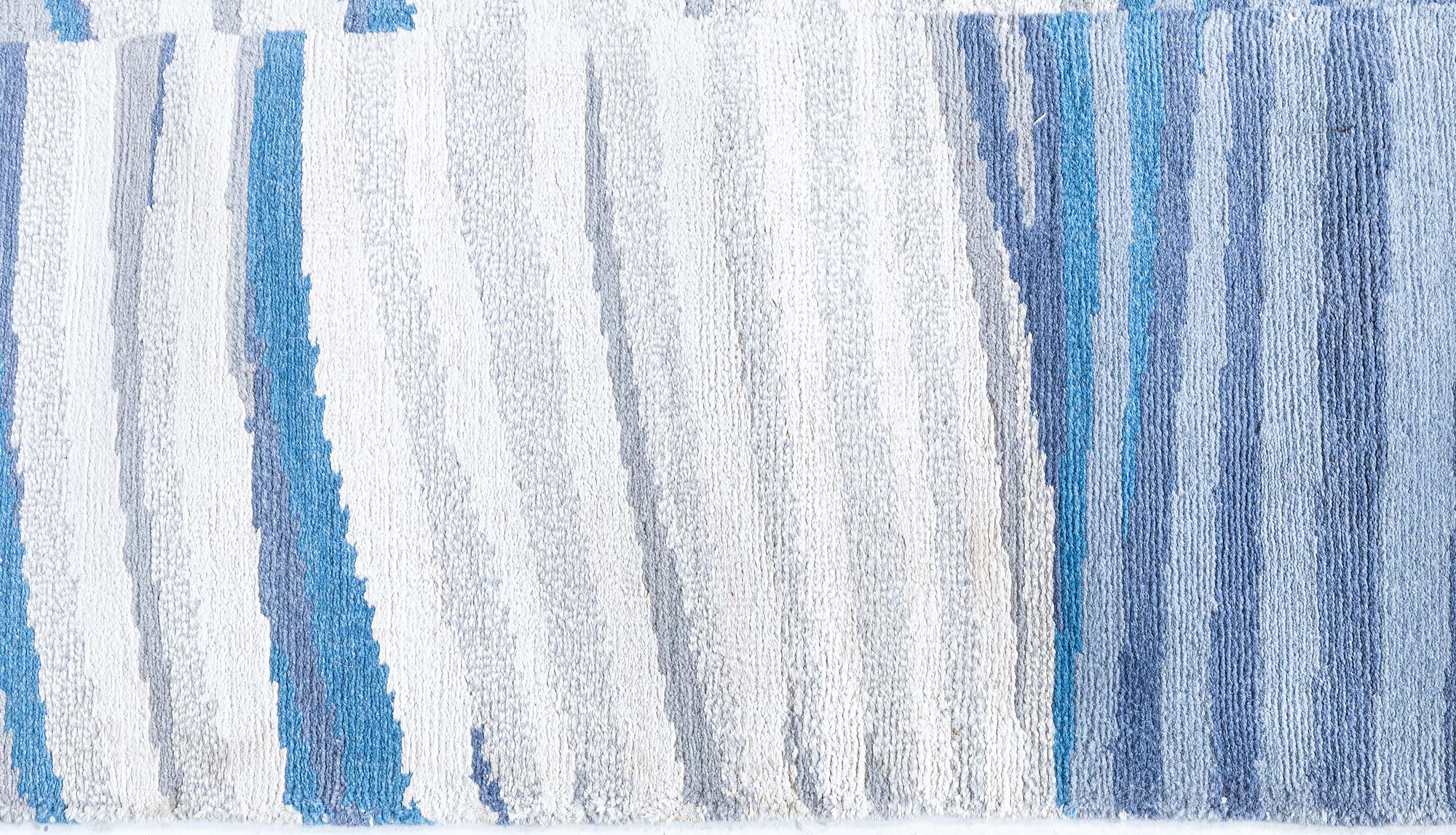 Modern Striped Light Blue Hand-Knotted Wool Runner “Kymata” (Size adjusted) N13067 Modern Striped Light Blue Hand-Knotted Wool Runner “Kymata” (Size adjusted) N13067