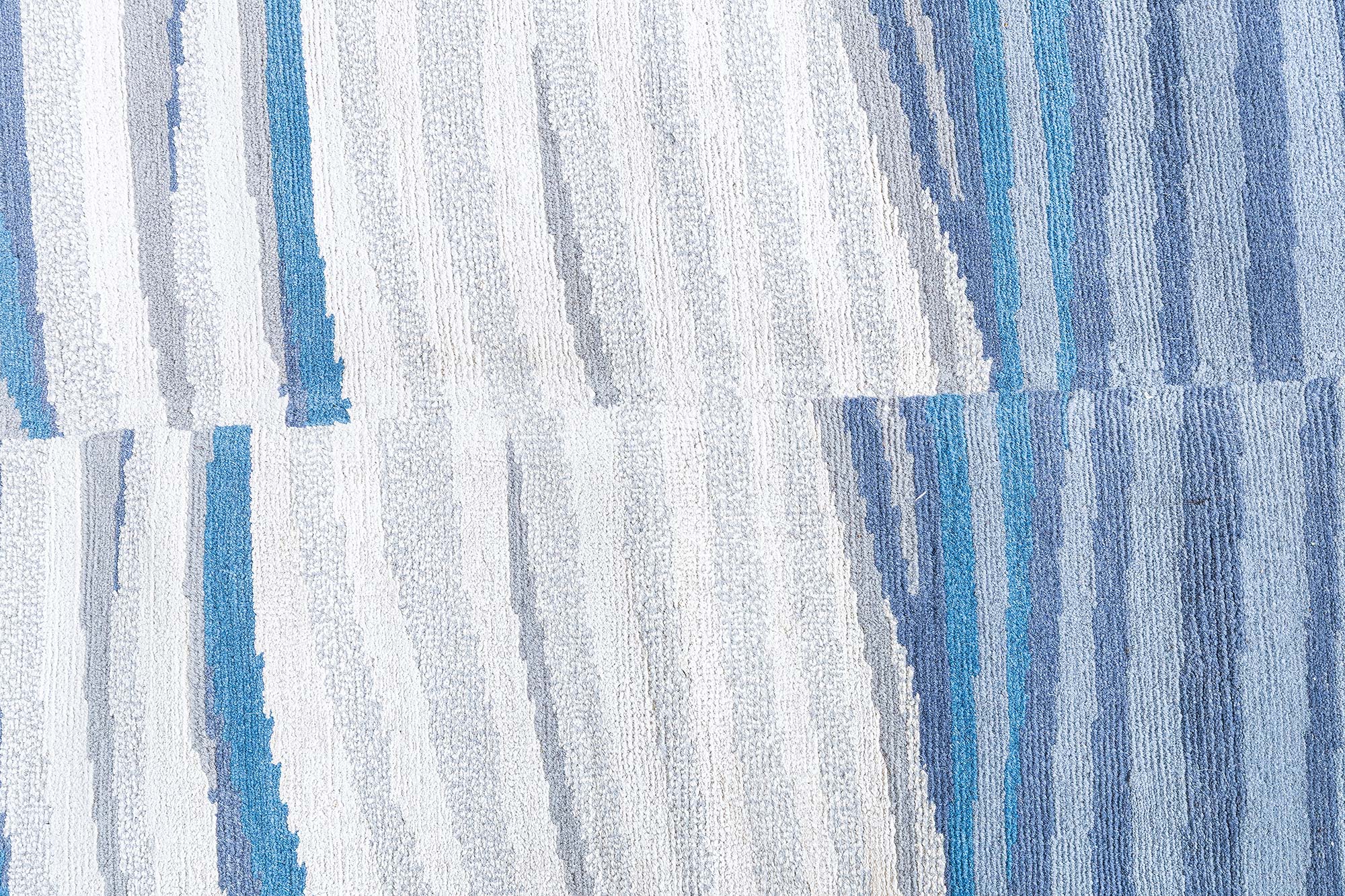 Modern Striped Light Blue Hand-Knotted Wool Runner “Kymata” (Size adjusted) N13067 Modern Striped Light Blue Hand-Knotted Wool Runner “Kymata” (Size adjusted) N13067