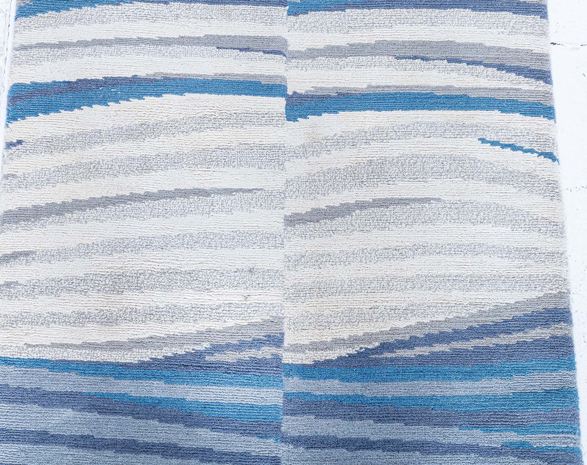 Modern Striped Light Blue Hand-Knotted Wool Runner “Kymata” (Size adjusted) N13067 Modern Striped Light Blue Hand-Knotted Wool Runner “Kymata” (Size adjusted) N13067