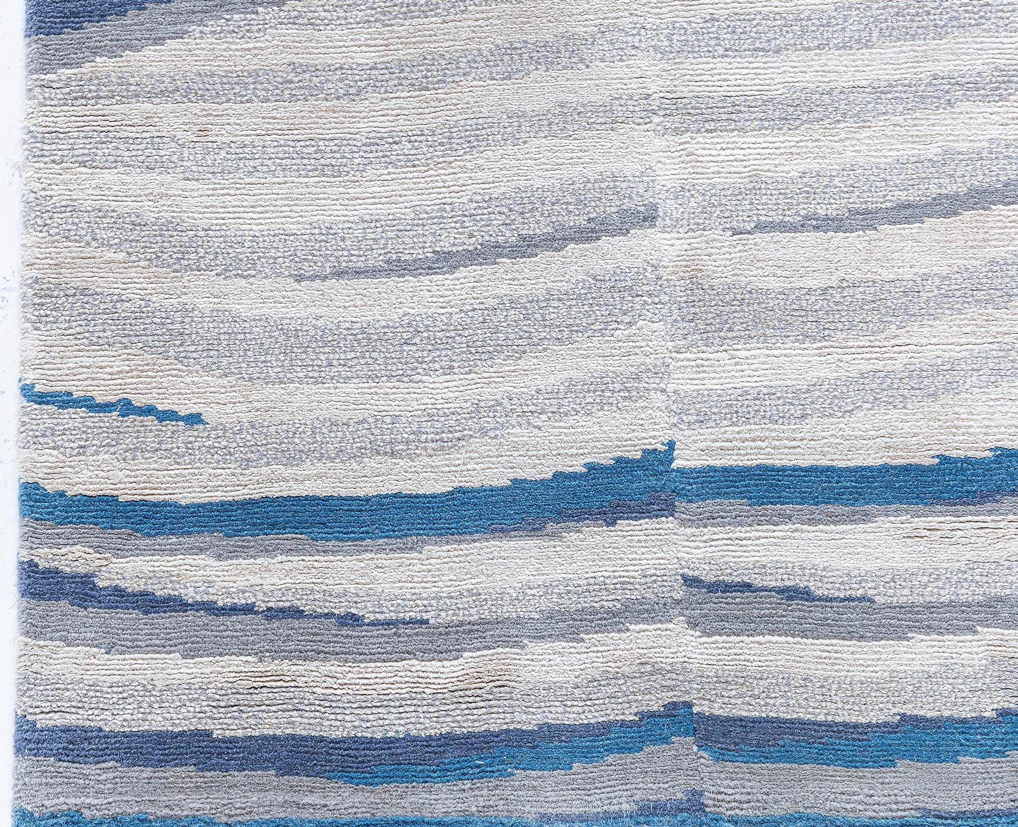 Modern Striped Light Blue Hand-Knotted Wool Runner “Kymata” (Size adjusted) N13067 Modern Striped Light Blue Hand-Knotted Wool Runner “Kymata” (Size adjusted) N13067