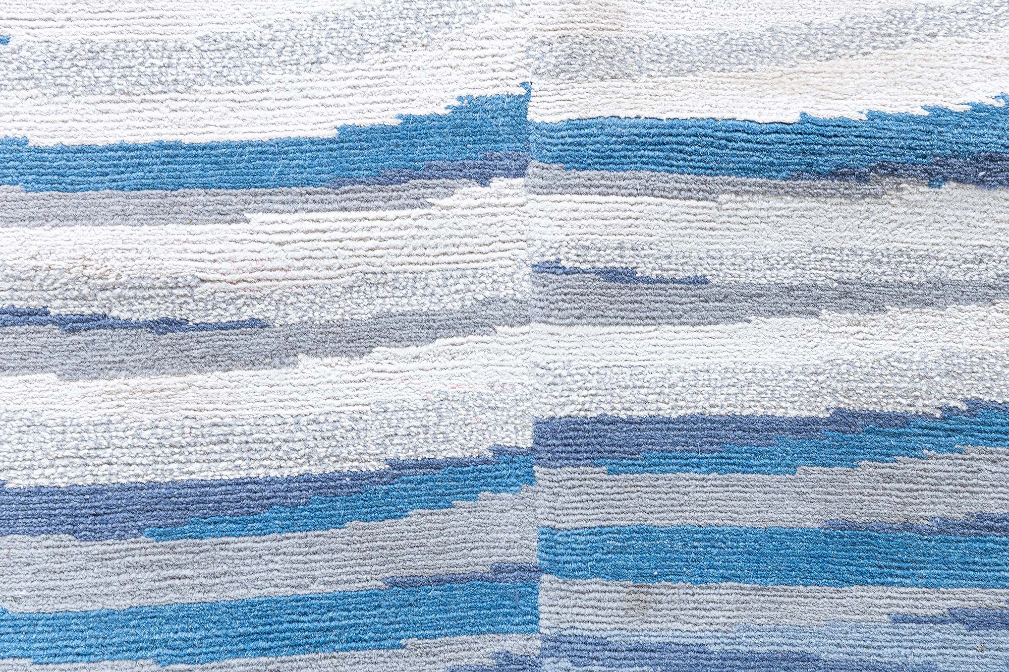 Modern Striped Light Blue Hand-Knotted Wool Runner “Kymata” (Size adjusted) N13067 Modern Striped Light Blue Hand-Knotted Wool Runner “Kymata” (Size adjusted) N13067