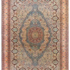 Antique Mohtashem Kashan Floral Medallion Light Beige Hand-Knotted Wool Rug – Circa 1880 BB9205