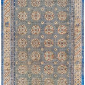 Chinese Vintage Geometric Warm Tan Hand-Knotted Silk and Metal Rug BB9212