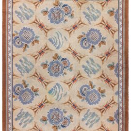 Vintage French Art Deco Floral Light Beige Hand-Knotted Wool Rug BB9200