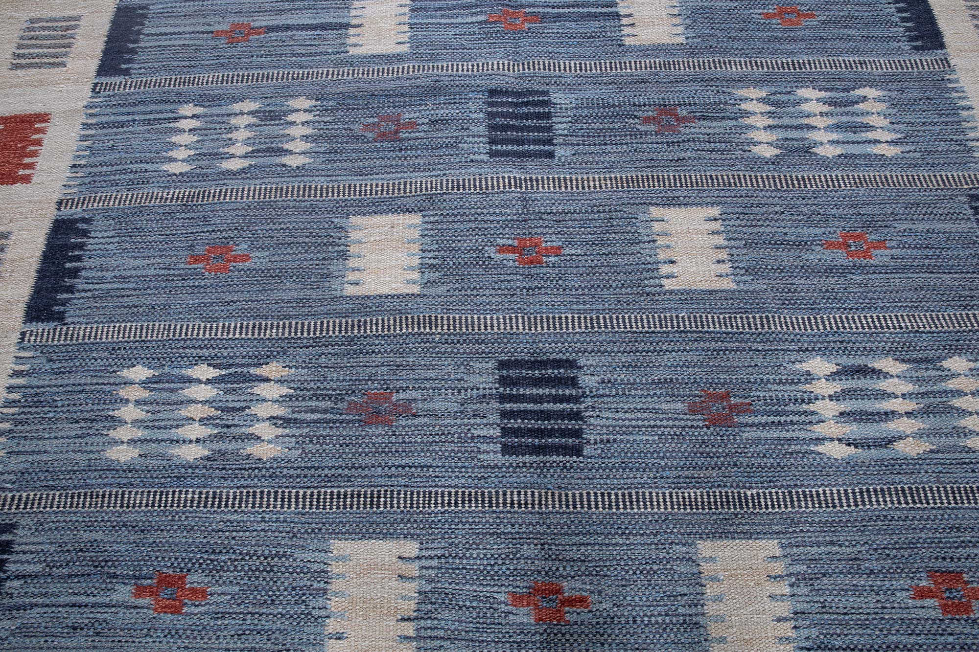 Flatweave Rug With Fjord-Inspired Striations In Dusty Blue, Hand-Knotted “Fjordline” N13076 Flatweave Rug With Fjord-Inspired Striations In Dusty Blue, Hand-Knotted “Fjordline” N13076