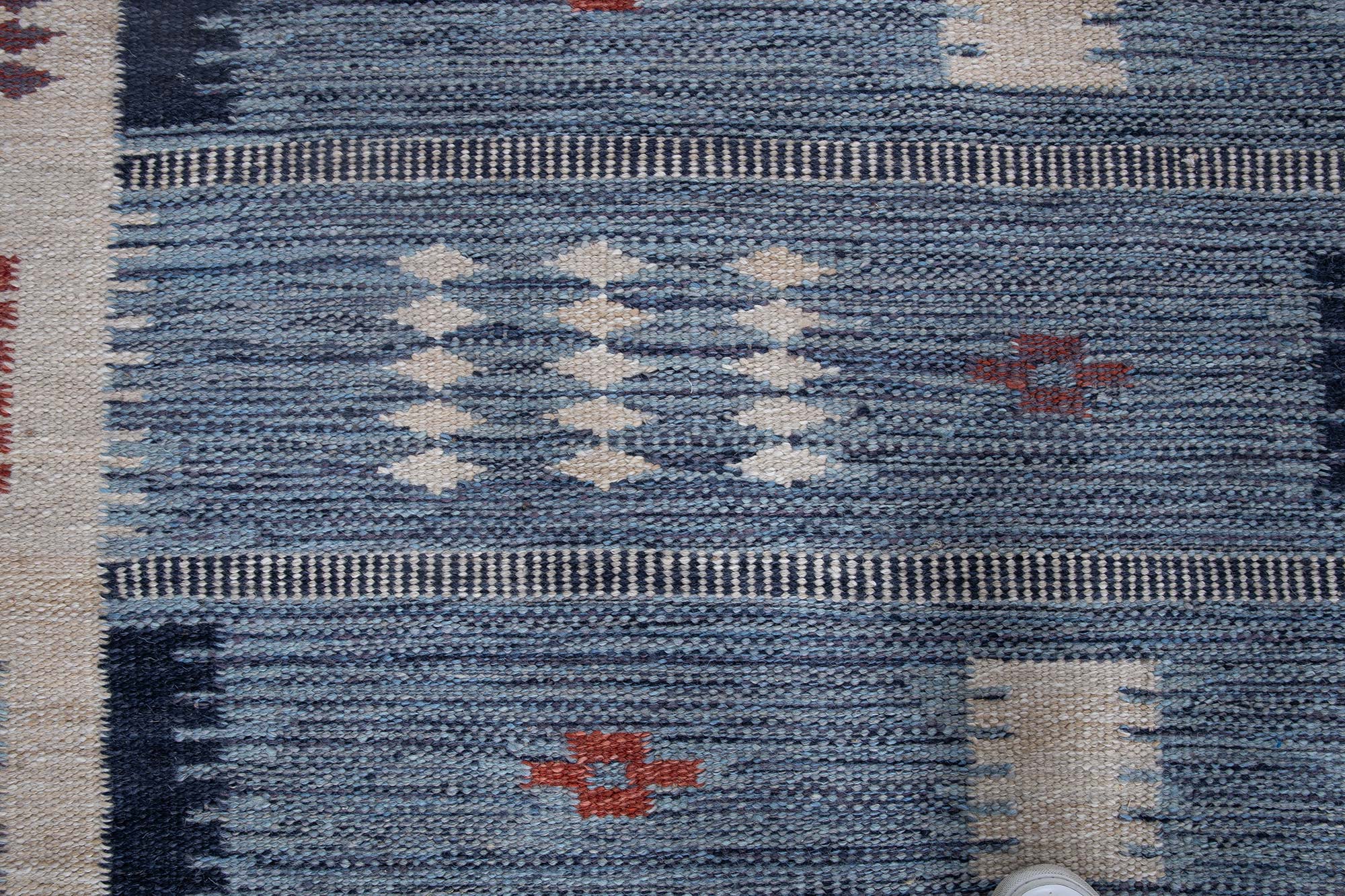 Flatweave Rug With Fjord-Inspired Striations In Dusty Blue, Hand-Knotted “Fjordline” N13076 Flatweave Rug With Fjord-Inspired Striations In Dusty Blue, Hand-Knotted “Fjordline” N13076