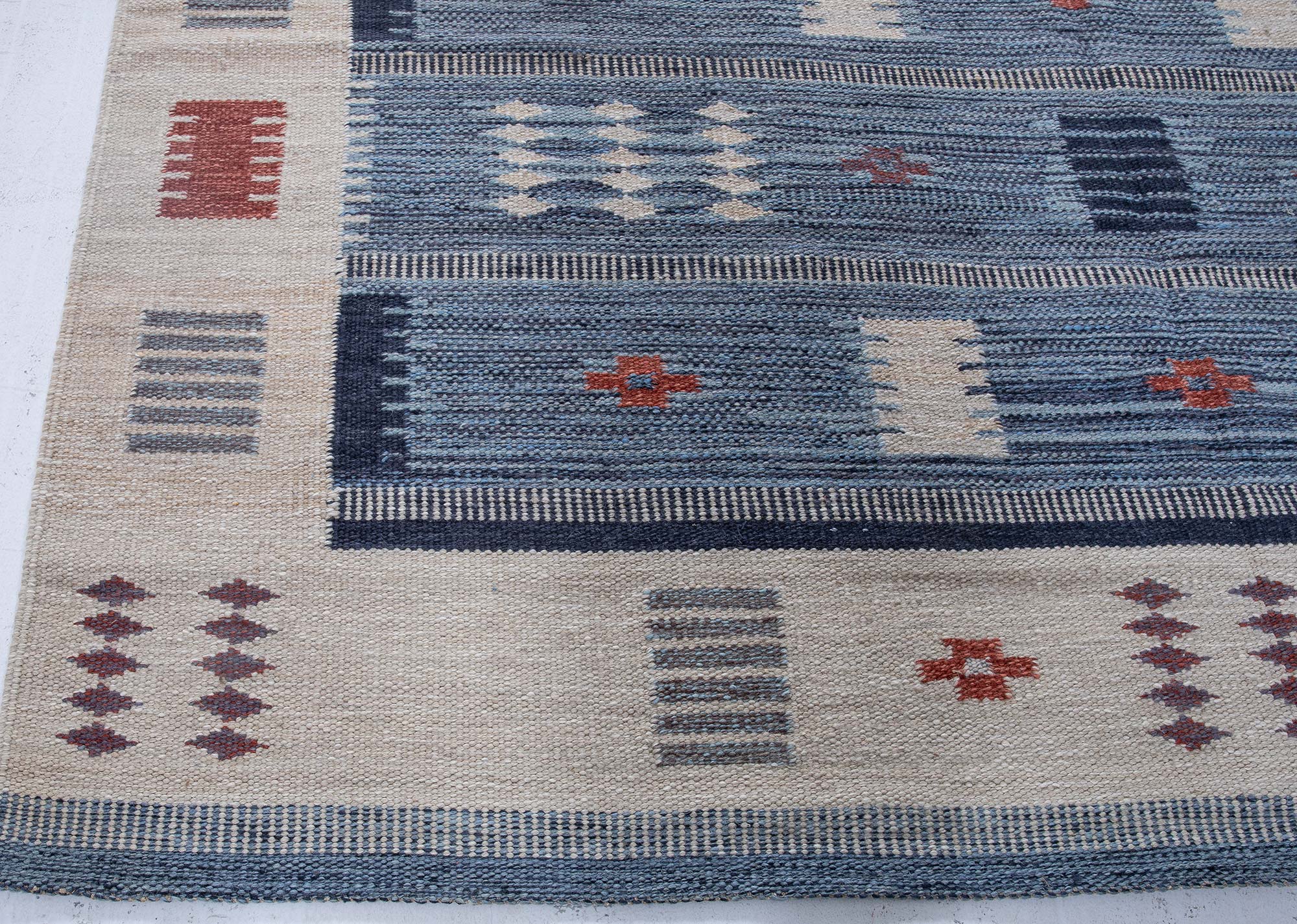 Flatweave Rug With Fjord-Inspired Striations In Dusty Blue, Hand-Knotted “Fjordline” N13076 Flatweave Rug With Fjord-Inspired Striations In Dusty Blue, Hand-Knotted “Fjordline” N13076