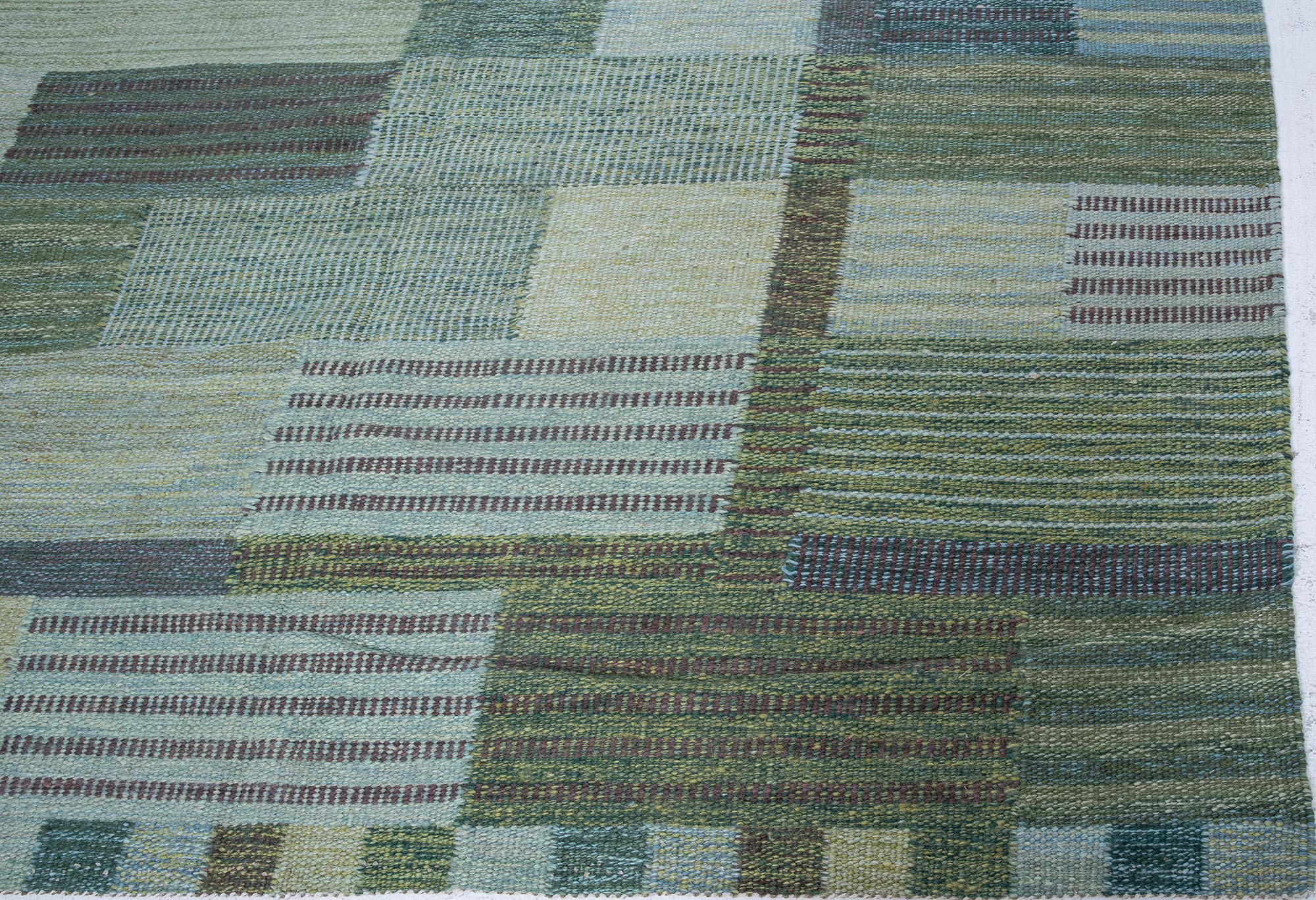 Scandinavian Flatweave Striped Patchwork Sage Wool Rug “Reedscape” N13077 Scandinavian Flatweave Striped Patchwork Sage Wool Rug “Reedscape” N13077