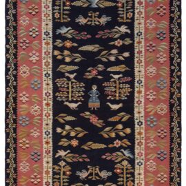 Vintage Geometric Charcoal Blue Flatweave Wool  Kilim Rug BB9232