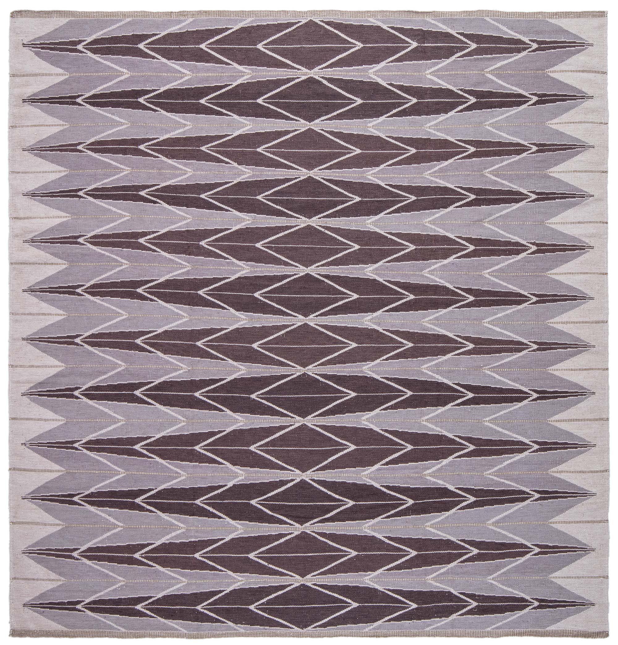 Scandinavian Flatweave Geometric Arrow-Feather Classic Taupe Handmade Wool Rug “Fletch”