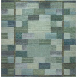 Scandinavian Flatweave Striped Patchwork Sage Wool Rug “Reedscape” N13077
