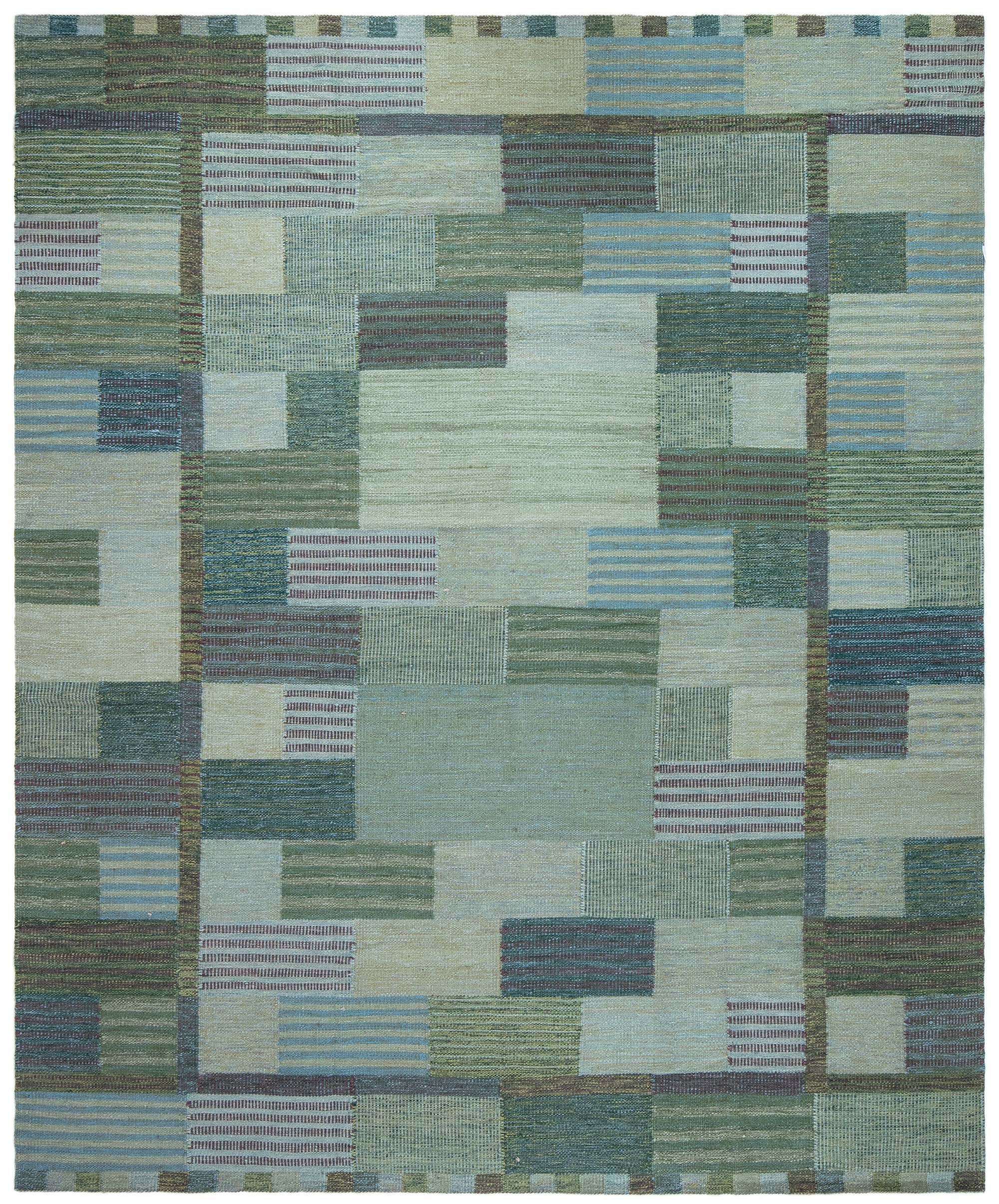Scandinavian Flatweave Striped Patchwork Sage Wool Rug “Reedscape”